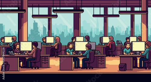 Collaborative open office with modern computer workstations and cityscape view