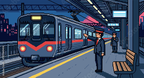 Retro pixel art: night train station with uniformed conductors