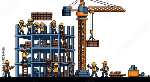 Construction team building site with workers and crane in pixel art style