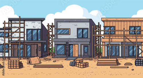 Modern houses under construction with scaffolding in pixel art style