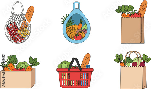 Set of six grocery market bags, baskets, and boxes with fresh vegetables in flat vector style,