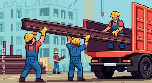 Construction workers loading steel beams in retro pixel art style at urban site