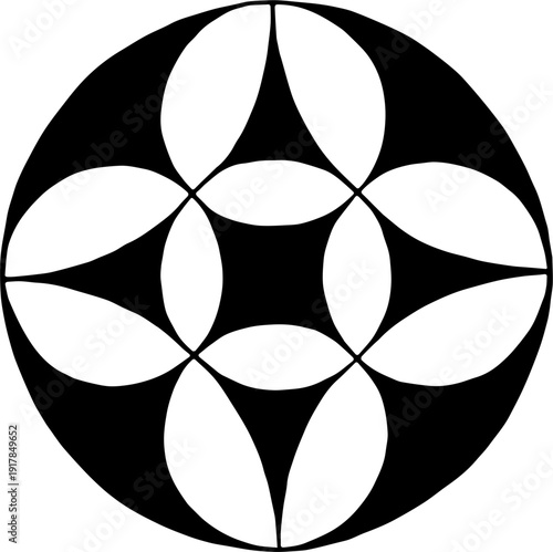Geometric Circular Mandalas Pattern with Overlapping Petal Shapes in Black and White