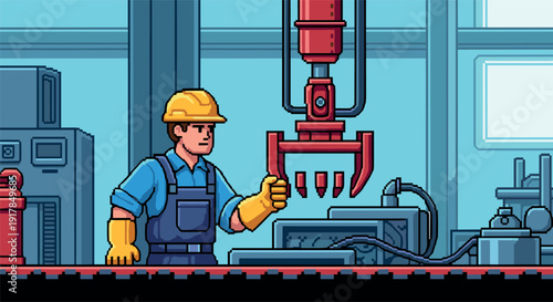 Pixel art factory worker operating machinery in industrial setting