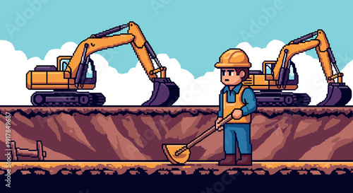 Retro pixel art construction scene with worker and excavators