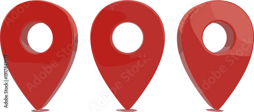 Set of three glossy 3D red map pin icons in volumetric vector style for navigation,