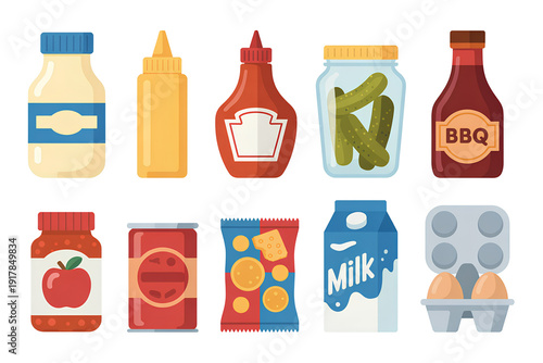 Pantry food staples and sauce bottles vector collection in colorful flat illustration style