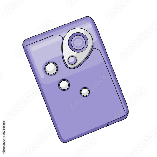 a cartoon purple electronic device audio music player with screen and knob. Retro style music player technology