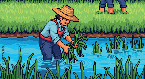 Pixel art farmer harvesting rice in a vibrant field scene