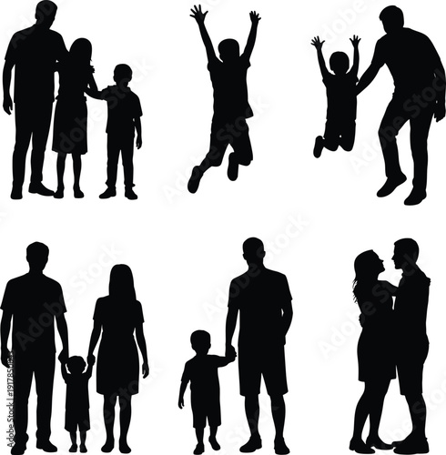 Happy family silhouettes set featuring parents and children playing jumping holding hands and a couple embracing for lifestyle vector concepts
