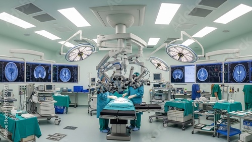 Advanced Operating Room with Robotic Surgical System and Medical Imaging Displays.