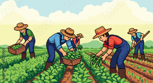 Farmers harvesting crops in a retro pixel art style landscape