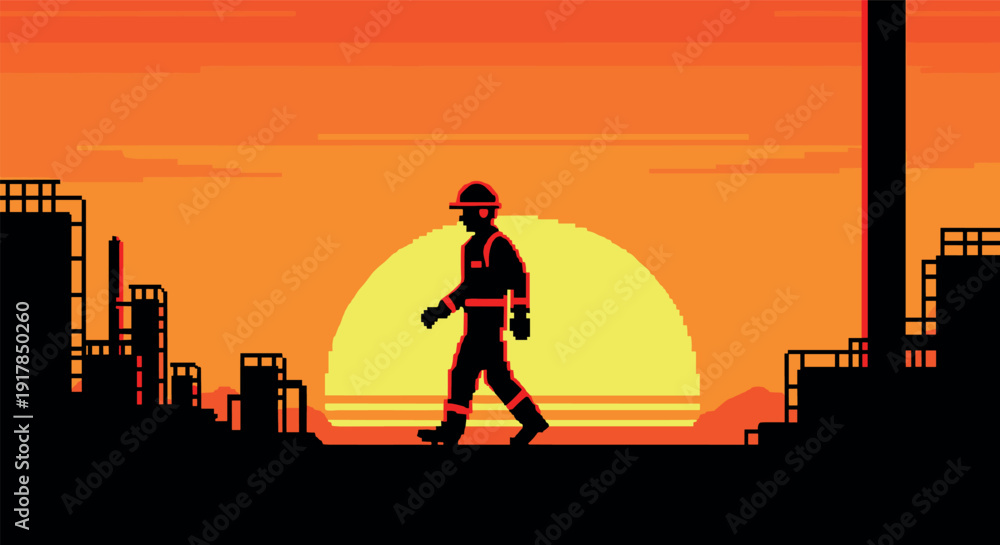 Fototapeta premium Retro pixel art of a worker walking at sunset in industrial scene
