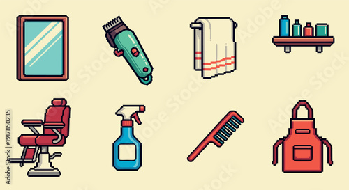 Retro pixel art barbershop essentials: tools and accessories collection