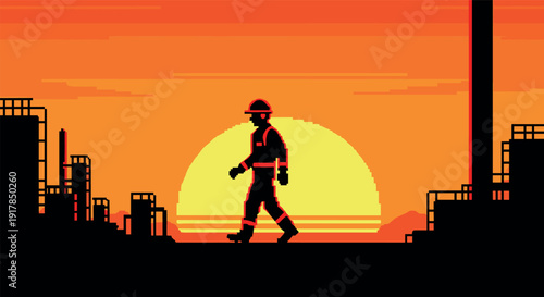 Retro pixel art of a worker walking at sunset in industrial scene