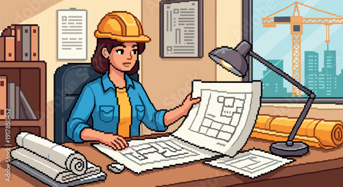 Architect working on blueprint design in office with city view and construction crane