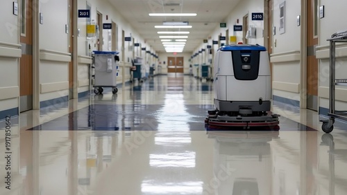 Automated Floor Cleaning Robot Operating in a Modern Hospital Corridor.
