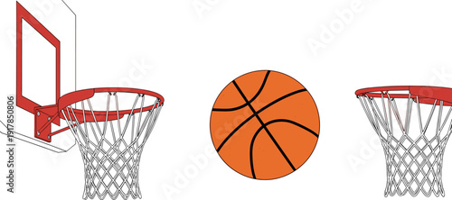 Basketball sports equipment set with orange ball and red hoops in flat vector style,