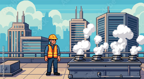 Construction worker on rooftop in pixel art style with urban skyline