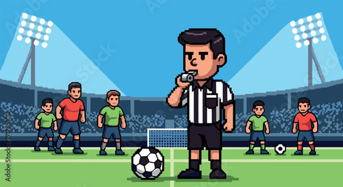 Pixel art soccer referee on field with players and stadium lighting