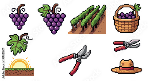 Pixel art vineyard elements: grapes, vine, pruning tools, and sun hat