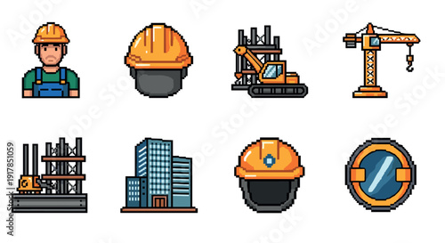 Pixel art construction icons: hard hat, crane, builder, buildings