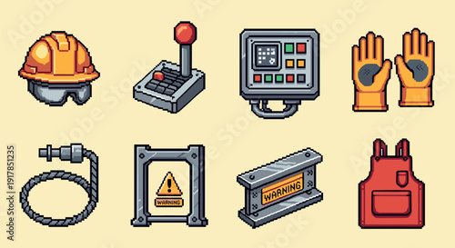 Pixel art industrial safety gear and equipment icons set