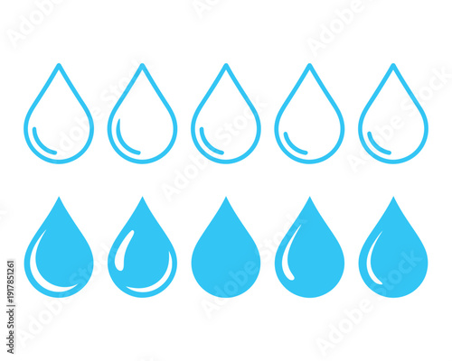 Water drop shape, blue water drop icon set, modern minimal vector illustrations of droplet, splash, rain, oil, and refreshing water elements for digital graphics, apps, and print design use.