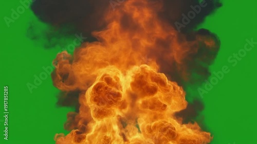 Massive realistic vertical nuclear explosion plume with intense bright orange and deep dark smoke rising rapidly against a vibrant chroma key green screen background,