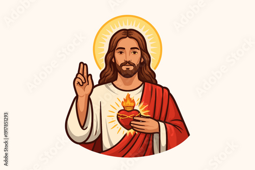Sacred Heart of Jesus Icon – Divine Mercy, Catholic Religious Illustration with Halo and Raised Hand Blessing