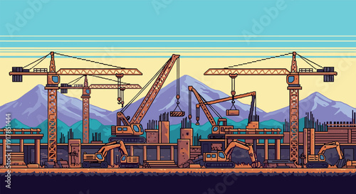Pixel art construction scene with cranes at sunset