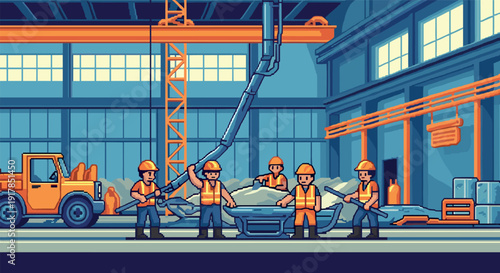 Construction workers operating heavy machinery in a pixel art style industrial scene