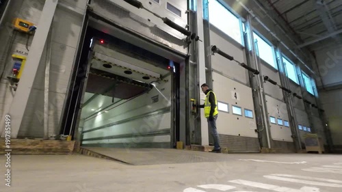 A low angle shot on a warehouse floor as a worker wearing a high visibility vest walks toward a loading dock door and presses a button on the control panel next to an empty semi trailer