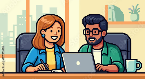 Colleagues collaborating in office with laptop and coffee, cartoon style