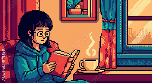 Cozy pixel art scene of person reading in a warm room with a cup of coffee