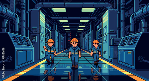 Retro pixel art workers in futuristic factory corridor