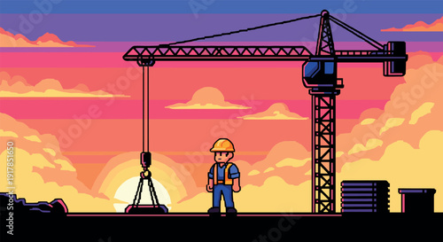 Construction worker and crane at sunset in pixel art style