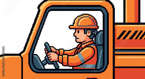 Pixel art construction worker driving orange truck