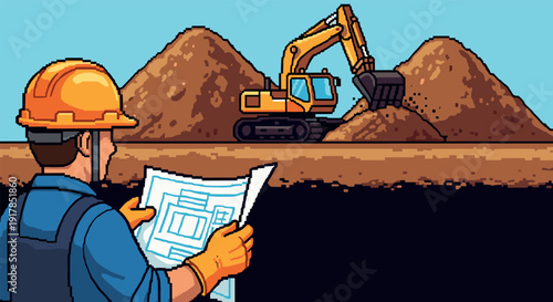 Retro construction scene with worker and excavator in pixel art style
