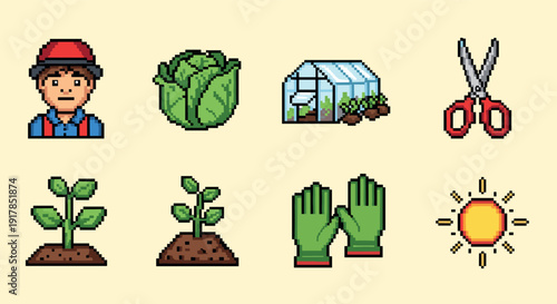 Pixel art gardening icons: farmer, plants, greenhouse, tools, sun