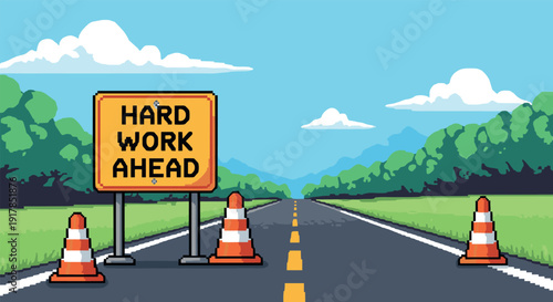 Pixel art road with hard work ahead sign and traffic cones