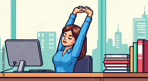 Woman stretching at desk in office with city skyline background