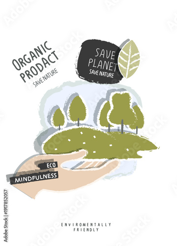 Vector hand drawn cartoon sign sketch of green forest with supporting hand as a sign of organic product .Environmentally friendly planet concept. Organic Food Label. Nature Symbol.