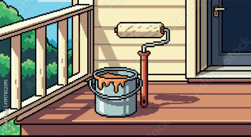 Pixel art outdoor deck scene with paint roller and bucket on wooden porch