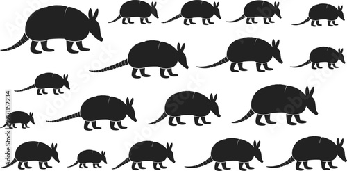 Black silhouette armadillo set in different sizes and poses, wildlife animal collection, nature illustration, mammal design elements, minimal vector style on white background