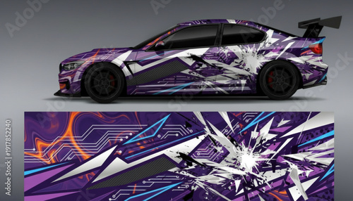A sports car with a vibrant purple and white abstract geometric wrap design.