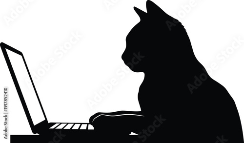 Black silhouette of cat using laptop computer, humorous pet technology concept, modern digital lifestyle, remote work parody, animal intelligence illustration on white background