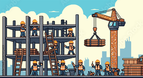 Construction workers in action on building site with tower crane in pixel art style