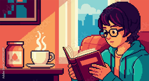 Cozy pixel art scene of person reading with coffee in warm room