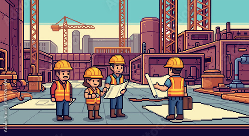 Construction site team discussing blueprint in urban setting with retro pixel art style